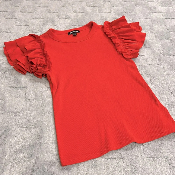 EXPRESS Red Ribbed Knit Body Contouring Ruffled Short Sleeve Blouse / Women’s XS - Picture 2 of 6